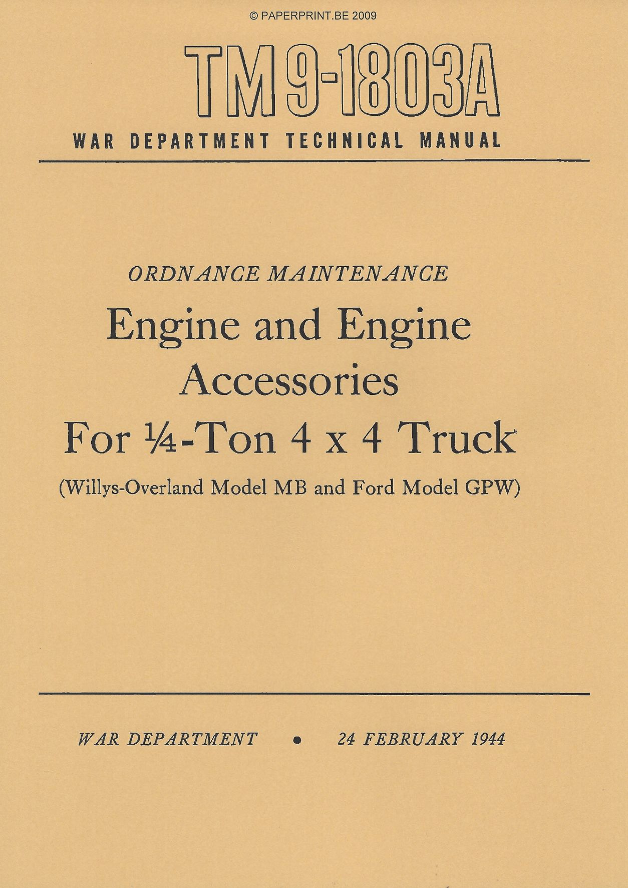 TM 9-1803A US ENGINE AND ENGINE ACCESSORIES FOR ¼ - TON 4x4 TRUCK